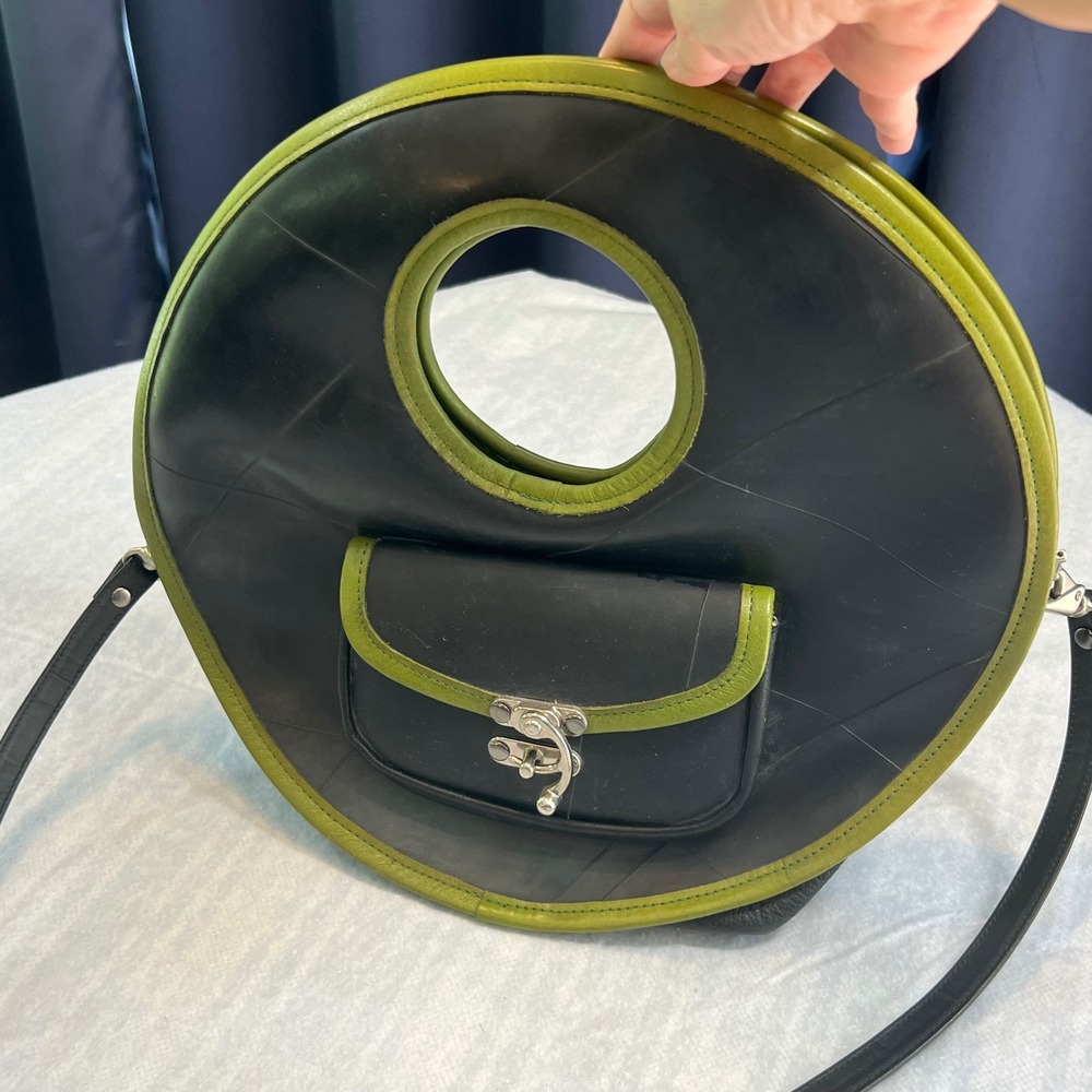 Passchal Upcycled Tire Tube Leather Round Handbag Black Green Richmond VA Bag